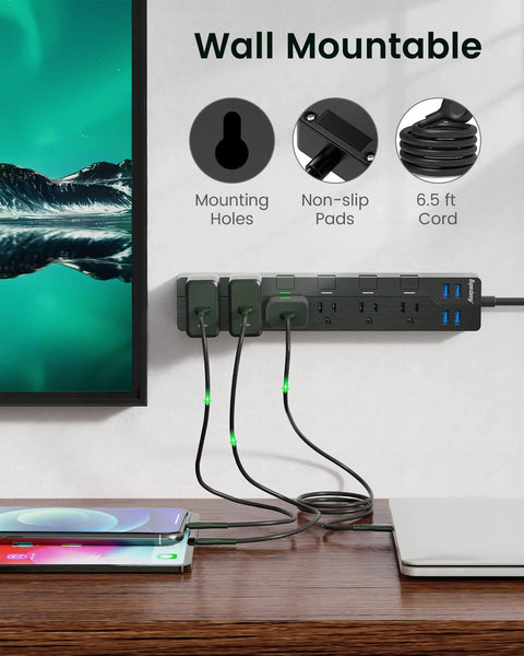 Power Strip With Individual Switches 6 Outlets And 4 USB Ports 900J Surge Protector Flat Plug Mountable 6.5ft Extension Cord 10 In 1