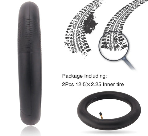 Two Pack 12.5x2.25 Inner Tubes Fits 12 To 12.5 Inch Tires, package includes tire detail and tread pattern illustration.