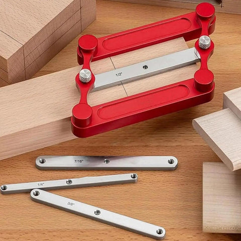Top Tier Stainless Steel Center Gauge For Woodworking With Hella Sturdy Interchangeable Inch And Metric Marking Rods For Dead Accurate Hole Punch Locator Layout on a workbench with measuring rods.