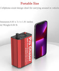 Portable 400W Vehicle Power Inverter with 12V DC to 110V AC Conversion, shown beside a cellphone for size comparison