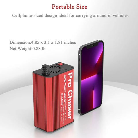 Portable 400W Vehicle Power Inverter with 12V DC to 110V AC Conversion, shown beside a cellphone for size comparison