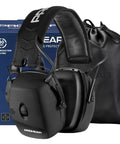 Electronic Shooting Ear Protection Muffs With 30 dB NRR And 0.01s Reaction Time, displayed with storage pouch and box.