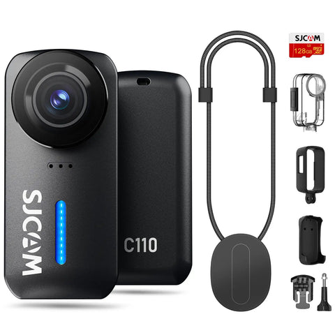 4K Action Camera Kit With 128GB Card, Wearable Body POV Camera, accessories, and card, black model C110 with magnetic mount.