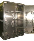 Heavy Duty Horizontal LP And Oxygen Gas Cylinder Storage Cabinet Two Door Steel Industrial Safety Locker With Four Adjustable Shelves, open view.