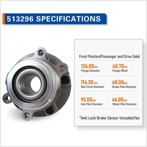 Pair Front Wheel Hub Bearing Assembly 513296 Fits Infiniti JX35 QX50 QX60 Altima Maxima Murano Pathfinder Quest 2013 Through 2021 Models