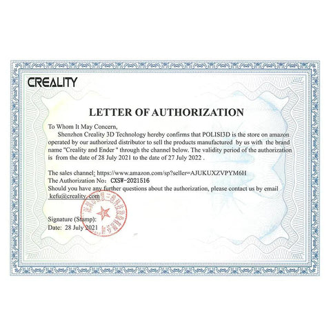 Authorization letter for POLISI3D to sell Creality and Ender products, dated July 28, 2021, with official stamp and signature.