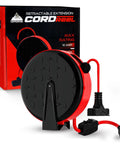 Retractable Extension Cord Reel With 30 Ft 16 AWG Cord 3 Outlets 180 Degree Swivel Mount Ceiling Or Wall Mount shown in packaging