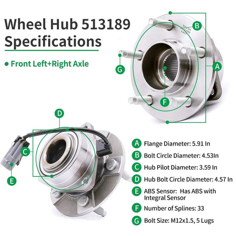 Front Wheel Bearing Hub Assembly For 2002 2007 Saturn Vue 2005 2006 Chevy Equinox 2006 Pontiac Torrent With ABS Front 5 Lug Left And Right Set Of 2 Premium Quality Replacement shown with specifications diagram.