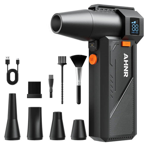 High Power 160,000 RPM Electric Air Duster Blower with accessories, USB cable, front view