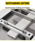 YS-100 Auto Heat Shrink Tube Cutter With 350W Micro Computer Control Cold Cutting Machine For Pvc Tape And Belt Die Cutting Up To Half Inch Diameter Fast And Precise Synchronous Operation showing synchronous cutting of three heat shrink tapes.