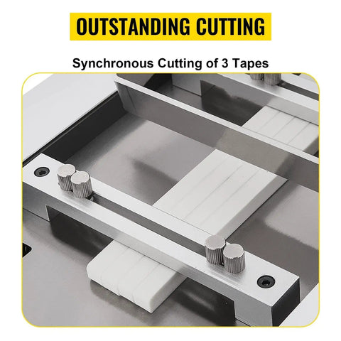 YS-100 Auto Heat Shrink Tube Cutter With 350W Micro Computer Control Cold Cutting Machine For Pvc Tape And Belt Die Cutting Up To Half Inch Diameter Fast And Precise Synchronous Operation showing synchronous cutting of three heat shrink tapes.