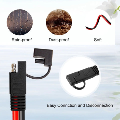 Close-up of 10AWG Solar Panel To SAE Adapter Cable, showing dust-proof, rain-proof features for RV caravan charging.