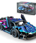 Dope Cyber Style Race Car Building Kit 1 18 Scale Model Car Set For Adults With Neon Inspired Colors And Open Mechanical Design Futuristic Sports Car Model Kit For Collectors And Builders Perfect Display Piece box and assembled model