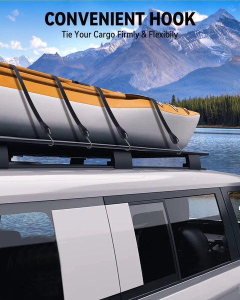 Car with kayak secured by 41 Inch Heavy Duty Bungee Cords Set for Outdoors, 73.8 Inch Max Stretch, 176 Lb Load