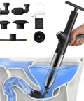 Heavy Duty High Pressure Toilet Plunger Wipes Out Bathroom Blockages Straight Up Effortlessly, featuring multiple attachments, sleek design in use.