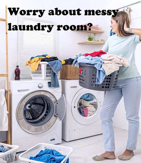 Magnetic Laundry Guard 24 Inch Wide for Front Loading Washers and Dryers in use, organizing clothes on washer and dryer, white