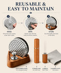 Instructions for Three Pack 53 Point 3 Millimeter Espresso Puck Screen Kit For 54 Millimeter Portafilters Fits Barista Express Pro, showing cleaning steps.