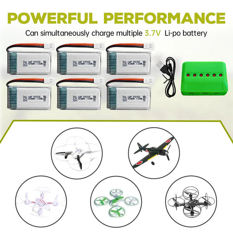 Image of Six Pack 3.7V 420mAh 25C LiPo Batteries With Six In One Molex Charger for drones and robots showing batteries and charger.