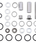 Kawasaki KX250F Swing Arm Linkage Bearing Kit Pro Grade With Precision Ground 52100 Steel Shafts And Case Hardened Bushings For Complete Rebuild Ready To Install., assorted bearings, bushings, seals, and steel shafts on white background