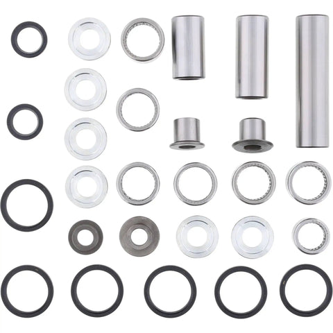 Kawasaki KX250F Swing Arm Linkage Bearing Kit Pro Grade With Precision Ground 52100 Steel Shafts And Case Hardened Bushings For Complete Rebuild Ready To Install., assorted bearings, bushings, seals, and steel shafts on white background