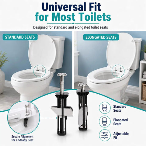 Top Shelf Heavy Duty Toilet Seat Bolt Kit Featuring Rust Resistant Stainless Steel Screws For Universal Bathroom Fixture Repair And A Rock Solid Mount That Keeps Things Tight And Secure, showing universal fit for standard and elongated toilet seats.