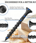 180 Piece Wood Screw Kit For Diy Projects With Pro Grade Star Drive Deck Screws And Exterior Epoxy Coating, Rust Resistant Outdoor Wood Screws, Includes Seven Popular Sizes 8 10 14 And 3 Star Drive Bits. Black star drive wood screw close-up with modified truss head and self-tapping tip on wood.
