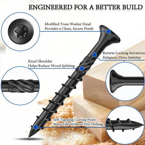180 Piece Wood Screw Kit For Diy Projects With Pro Grade Star Drive Deck Screws And Exterior Epoxy Coating, Rust Resistant Outdoor Wood Screws, Includes Seven Popular Sizes 8 10 14 And 3 Star Drive Bits. Black star drive wood screw close-up with modified truss head and self-tapping tip on wood.
