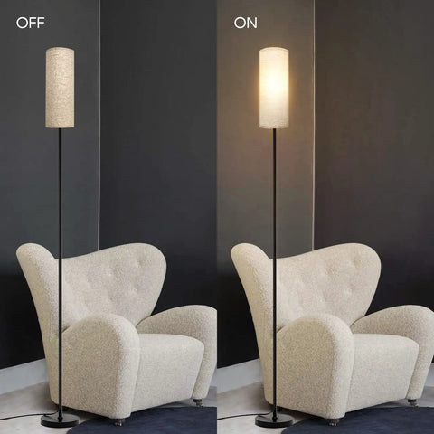 Modern Tall LED Floor Lamp With Linen Shade And Black Iron Pole, Perfect For Living Room, shown on and off beside a chair.
