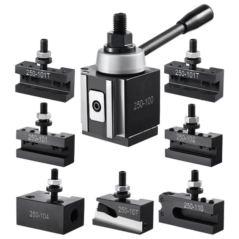 VEVOR quick-change tool post set with 8 lathe tool holders; steel construction, front view