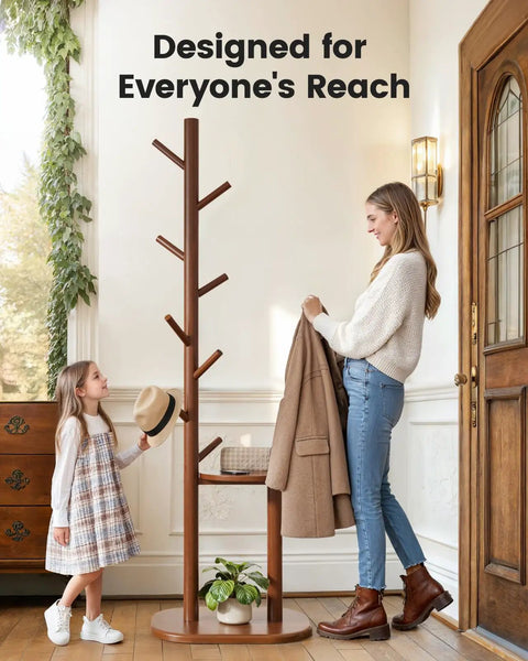 Freestanding Coat Rack With 8 Hooks And Storage Shelf, Solid Wood Base, 66.3-Inch Tall Hall Tree For Coats, Hats, And Bags In Entryway