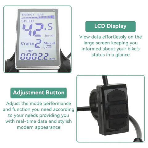 Universal LCD Display Panel for Electric Bicycles and Scooters showing speed and trip data with adjustment buttons, waterproof 5-pin meter.