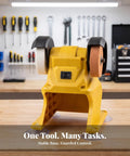 Kickass Compact Bench Grinder Featuring Dual Wheel Sharpening And Polishing Rig With Rugged Suction Base Front Toggle Switch And Versatile White Brown Grinding Discs For Garage Builds on wooden workbench.