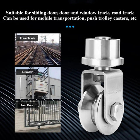 Beefy 304 Stainless Steel Pulley Wheel Set With M68 V Type Duplex Bearing 360 Degree Swivel Rope Pulleys, close-up view