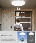 Motion Sensor Ceiling Light Flush Mount 11.8 Inch 18W LED Fixture with Auto On Off Daylight Sensor in porch setting, IP44 design.