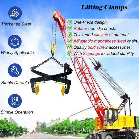 Premium Granite Slab Lifting Clamp With Adjustable Chain Stone Carrier and Two Non Slip Rubber Chucks used with a crane for heavy lifting.