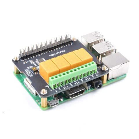 Front view of 4 Channel Relay Module for Raspberry Pi High Voltage Switching Board Plug and Play Home Automation Add On for Pi 4B 3B Plus.