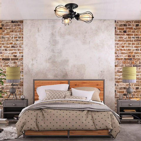 Vintage Wire Cage Semi Flush Mount Ceiling Light 3 Light Industrial Black Metal Fixture in bedroom with brick wall background