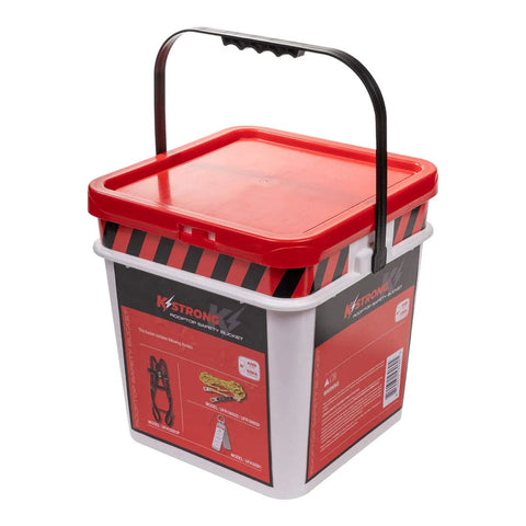 Pro Grade Roofers Kit With 5-Point Adjustable Harness Size L-XL in red and white bucket with lid for safety gear storage