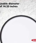 Top view of huge 16 inch lazy susan turntable with soft non slip lip and deep ledge on a countertop