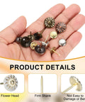 Fifty Pack Vintage Flower Head Upholstery Tacks Iron Metal Furniture Repair Nails in hand, featuring various sizes and finishes.