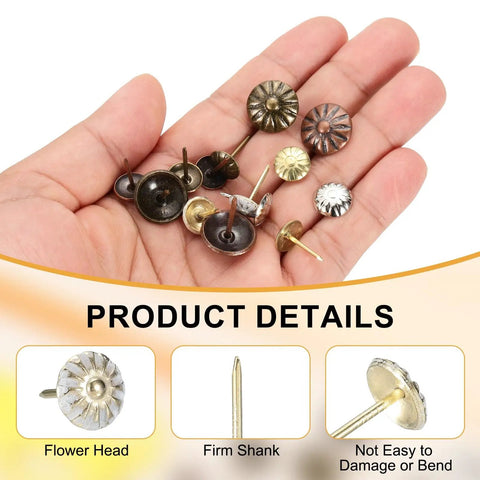 Fifty Pack Vintage Flower Head Upholstery Tacks Iron Metal Furniture Repair Nails in hand, featuring various sizes and finishes.