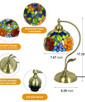 Rose Floral Stained Glass Table Lamp With Antique Brass Curved Base, Handmade Reading Lamp, LED Bulb Included, dimensions shown