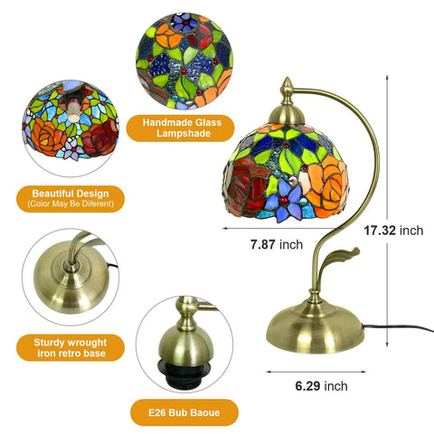 Rose Floral Stained Glass Table Lamp With Antique Brass Curved Base, Handmade Reading Lamp, LED Bulb Included, dimensions shown