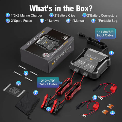 2 Bank Marine Battery Charger 5X2 10A Per Bank 12V Waterproof Onboard Battery Maintainer Desulfator For SLA AGM Lithium LiFePO4 Calcium And Deep Cycle Batteries With Around The Clock Charging Capability