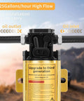 Heavy Duty 12V Electric Fuel Transfer Pump 120 GPH Grab And Go Gasoline And Diesel Siphon Kit With 13 Ft Cigar Plug Plus Clamps showing oil inlet and outlet with golden body.