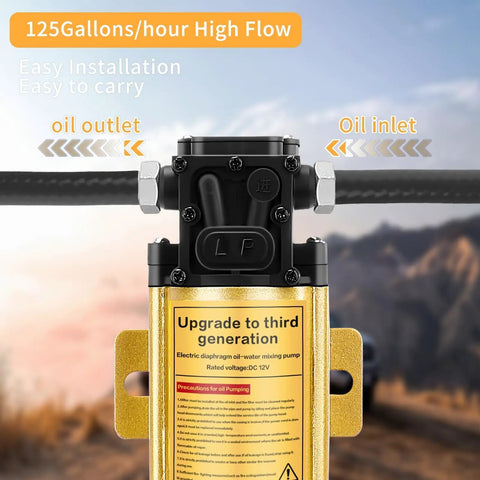 Heavy Duty 12V Electric Fuel Transfer Pump 120 GPH Grab And Go Gasoline And Diesel Siphon Kit With 13 Ft Cigar Plug Plus Clamps showing oil inlet and outlet with golden body.