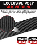 Close-up of exclusive poly silk webbing with 1500 lbs break strength for Heavy Duty Self Retracting Tie Down Straps 1 Inch By 12 Feet