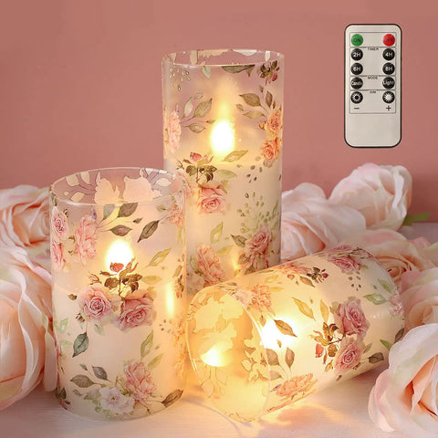 Pink Rose Flameless Candles Set Of 3 With Remote LED Glass Real Wax Look Romantic Date Night Vibes Home Wedding Bedroom Christmas Valentines Day Decor Safe Flame Free Ambience