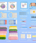Easy Peasy Beginner Punch Needle Kit For Adults With All Tools And Materials Easy To Follow Instructions And Videos Water Soluble Pattern On Linen Axolotl And Octopus Design No Fuss Embroidery Starter components and contents display.