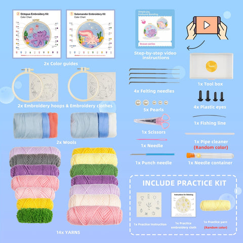 Easy Peasy Beginner Punch Needle Kit For Adults With All Tools And Materials Easy To Follow Instructions And Videos Water Soluble Pattern On Linen Axolotl And Octopus Design No Fuss Embroidery Starter components and contents display.